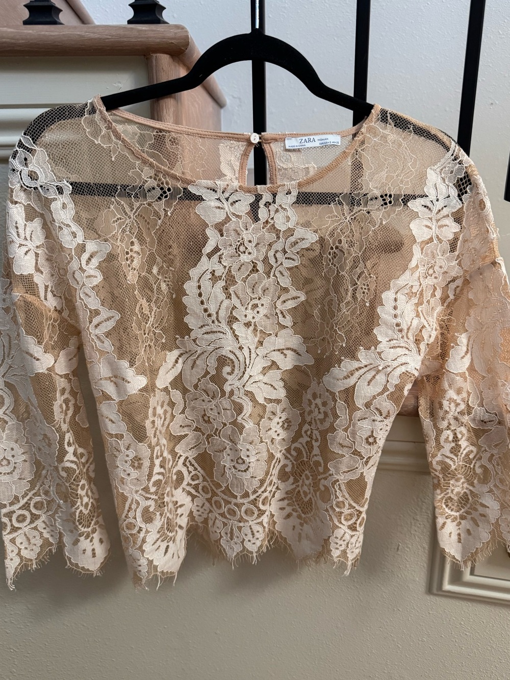 Zara Beige Floral Lace Long-Sleeve Sheer Blouse